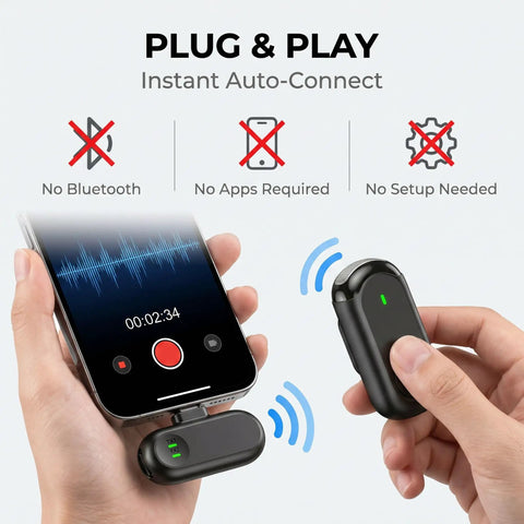 Wireless Mini Lapel Microphone For iPhone And Android, Plug And Play, No Bluetooth, showing easy connection with phone