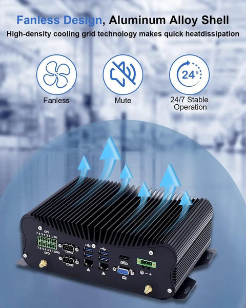 Rugged Industrial Mini Pc Packing Intel Core I7 10510U With 64Gb Ram And 256Gb Ssd Cruising On Windows 11 Pro With Gigabit Lan Dual Display And Six Com Ports Built Like A Tank And Ready To Roll, showcasing fanless aluminum alloy design and cooling technology.