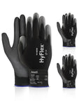 Trade Ready Light Duty Nylon Work Gloves With Reliable Polyurethane Palm Coating Built Tough For Automotive Repair And Metal Fabrication Projects Large Black Trio Pack displayed in various angles.