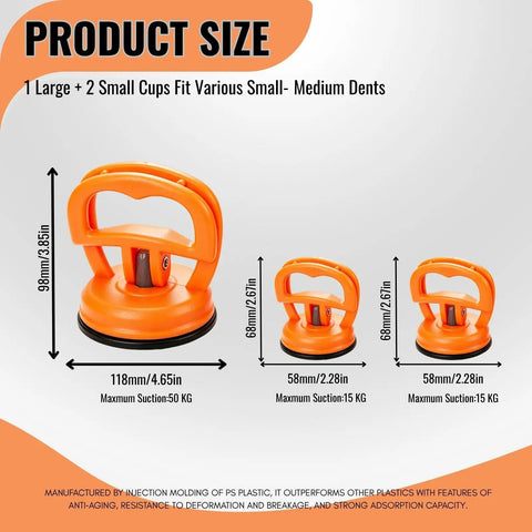 Heavy Duty Dent Puller Kit To Knock Out Stubborn Dings Quick Slick Suction Cup Paintless Auto Body Repair Tool 110 Lb Force size chart with measurements.