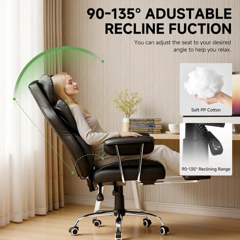 Person reclining in Big And Tall Leather Office Chair With Footrest High Back Ergonomic Gaming Chair Pocket Spring Lumbar Support And Outward Fixed Soft Armrests