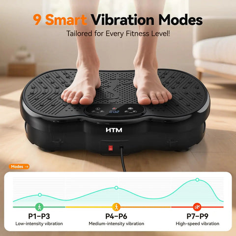 Person using Full Body Vibration Plate Shake Platform For Home Gym Fat Burn And Toning 300 Lbs Capacity 120 Speeds 9 Workout Modes