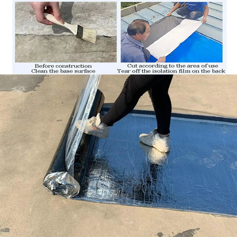 Heavy Duty Self Adhesive Roofing Tape Rock Solid Waterproof Asphalt Membrane Roll being applied with foot for seamless installation.