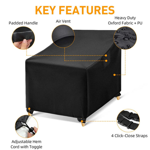 Waterproof Outdoor Chair Covers 2 Pack, Heavy Duty Black Patio Furniture Protectors showing features and design details.