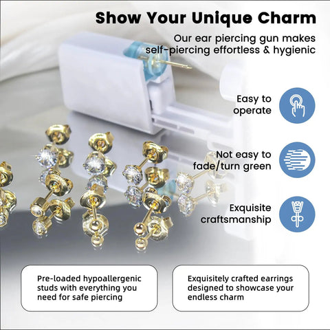 All In One Ear Piercing Kit With Disposable Piercing Guns And Cubic Zirconia Stud Earrings Eight Guns Three Styles Of CZ Earrings And 3mm Ball Ear Studs Cleaning Wipes For Safe At Home Piercing Gold disposable ear piercing gun with gold CZ stud earrings