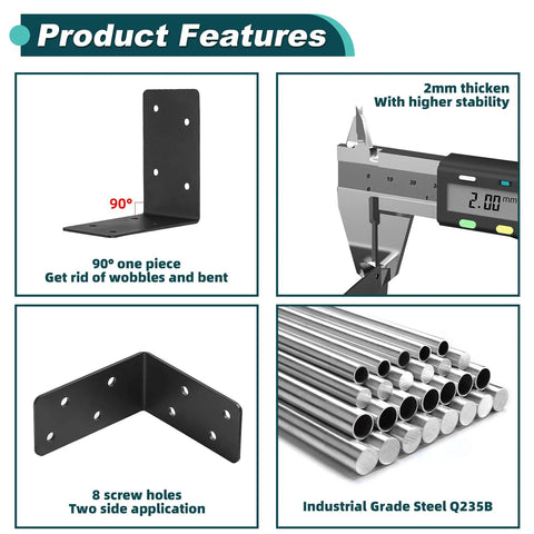 20Pcs black 4x4x2 in L-brackets corner braces; heavy duty 2 mm steel, front and side views