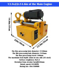Portable line boring machine, yellow, front-right view with motor, guide rails and control panel
