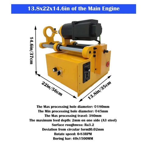 Portable line boring machine, yellow, front-right view with motor, guide rails and control panel