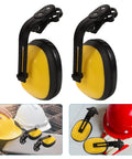 Heavy Duty Hard Hat Mounted Ear Muffs Built To Kill Loud Workshop Racket On Construction Zones And Factory Floors Dependable Industrial Hearing Safety Armor, yellow earpieces with black clips.