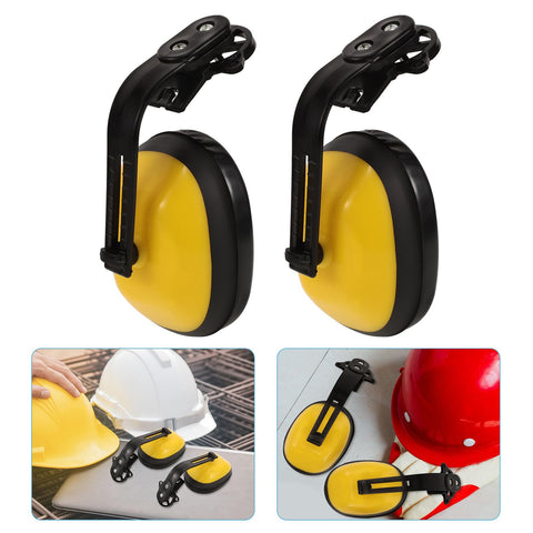 Heavy Duty Hard Hat Mounted Ear Muffs Built To Kill Loud Workshop Racket On Construction Zones And Factory Floors Dependable Industrial Hearing Safety Armor, yellow earpieces with black clips.