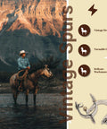 2 Pack Stainless Steel Western Cowboy Spurs With Rotating Gear for Men and Women next to rider on horseback, mountain background.