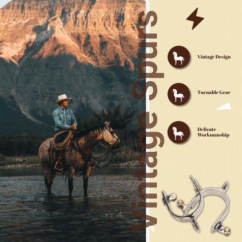 2 Pack Stainless Steel Western Cowboy Spurs With Rotating Gear for Men and Women next to rider on horseback, mountain background.