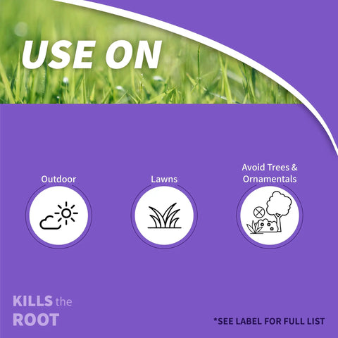 Usage instructions for Sedge Ender Concentrated Weed Killer For Lawns 16 Oz shown with lawn care symbols