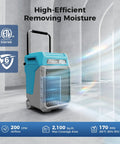 Heavy Duty Commercial Dehumidifier With Built In Pump, 200 CFM, 2100 sq ft max coverage, efficient moisture removal.
