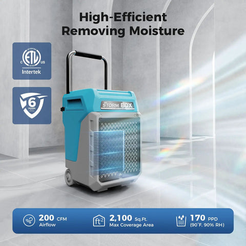 Heavy Duty Commercial Dehumidifier With Built In Pump, 200 CFM, 2100 sq ft max coverage, efficient moisture removal.