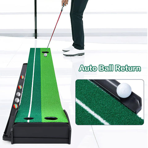 Indoor Golf Putting Mat With Auto Ball Return And Extended Rail Realistic Simulation Grass For Home Office Practice