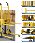 Hydraulic material lift with yellow steel frame and forks; 550 lb capacity, universal and 9in polyurethane wheels.
