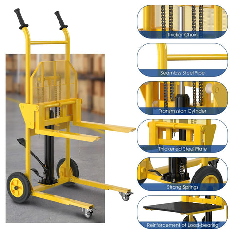 Hydraulic material lift with yellow steel frame and forks; 550 lb capacity, universal and 9in polyurethane wheels.