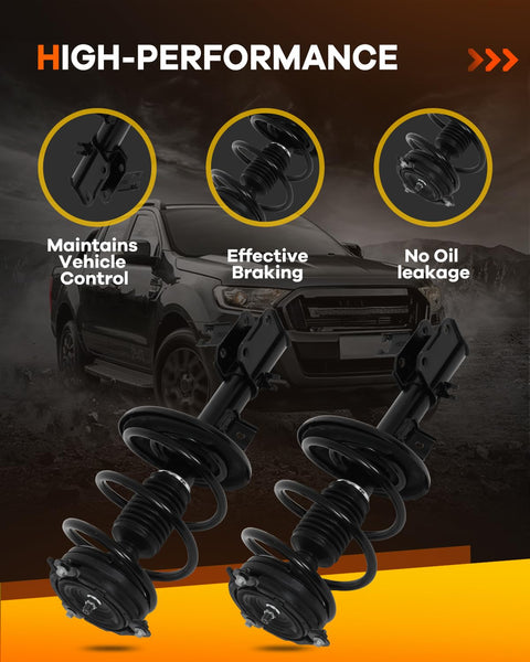 Drop-In Front Strut Assembly Set For Nissan Altima 2013 To 2017 Includes Strut Mount And Coil Spring Quick Struts Replacement Shocks Set Of 2 USA Made OE Quality Performance And Smooth Ride displayed with vehicle control, braking, and no oil leakage features.