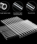 20 Pack 8 Inch Borosilicate Glass Blowing Tubes Pro Grade 12mm OD 8mm ID 2mm Wall Includes 4 Cleaning Brushes For Lab Glass Blowing Projects Industrial Clear Glass Tubes displayed in stack with focus on transparency and round ends.