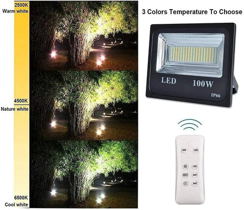 JUDYSSY Led Floodlight 100W Led Solar Flood Lights with color temperature options displayed, remote control included.