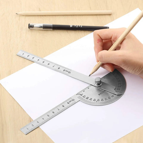 Two Arm Stainless Steel Protractor And Ruler Combo For Woodworking 0 To 180 Degrees used on paper for drawing angles