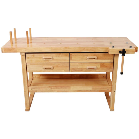 60 Inch Rubberwood Workbench With 4 Drawers, Beefy 330 Lbs Capacity, Durable Steel Frame, Smooth Sliding Drawers front view
