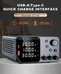 High Precision DC Power Supply With Encoder Knob 30V 10A Beefy Bench Unit USB Type C Quick Charge front view with display