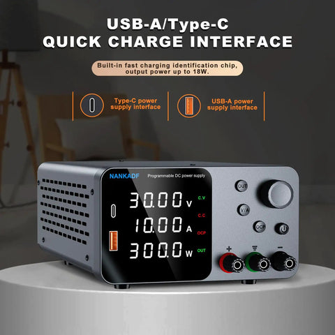 High Precision DC Power Supply With Encoder Knob 30V 10A Beefy Bench Unit USB Type C Quick Charge front view with display