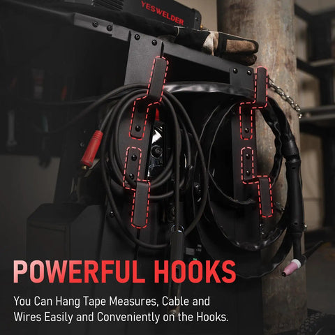 Heavy Duty Welding Cart With Large Lockable Cabinet For MIG TIG Stick Welders And Plasma Cutters showing hooks for cable storage