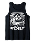 RV Co Pilot Tank Top For Adventure Lovers Featuring Motorhome And Mountain Landscape In Vintage Camping Style Perfect Gift For RVers Campers Road Trippers And Van Life Fans black cotton tank with RV and mountain print