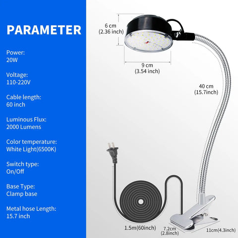 Beast Mode Clamp Light With Flexible Clip For Workshop And Sewing Table, 20W LED, 2000 Lumen, 6500K white, flexible shaft shown
