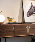 Living room cabinet with Gold Brushed Half Moon Cabinet Pulls 7.17 Inch Long, featuring close-up of zinc alloy handles