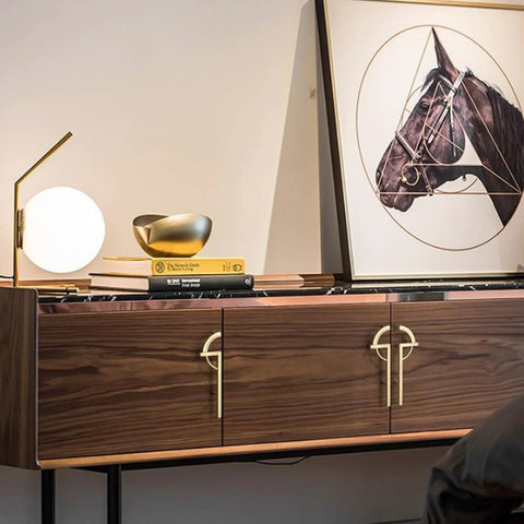 Living room cabinet with Gold Brushed Half Moon Cabinet Pulls 7.17 Inch Long, featuring close-up of zinc alloy handles