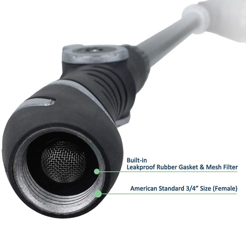 Close-up of Lightweight Watering Wand With 6 Spray Modes For Hanging Baskets And Windows, 22 Inch Reach nozzle showing rubber gasket.