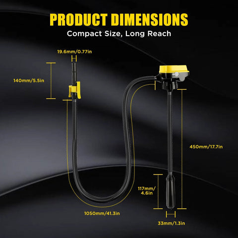 Cordless Fuel Transfer Pump With Flexible Hose, Battery Powered For DeWalt 20V And Milwaukee 18V Tools, showing dimensions.