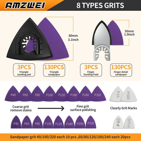Pro Grade 266CS Zirconia Oscillating Tool Sanding Kit with triangle and finger pads, grit types shown.