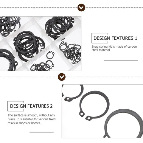 Pro Grade 225 Piece Carbon Steel C Shape External Snap Ring Kit For Industrial Shafts And Mechanical Assembly in compartments
