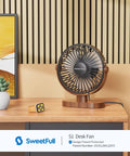 6.5 Inch USB Desk Fan With Quiet 3 Speed Settings on wooden desk, wood grain base, adjustable head, office decor