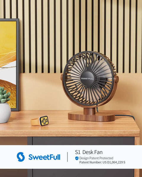 6.5 Inch USB Desk Fan With Quiet 3 Speed Settings on wooden desk, wood grain base, adjustable head, office decor