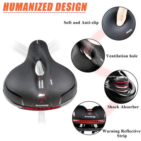Close-up of Super Comfy Wide Bike Seat For Women And Men With Memory Foam Cushion Anti Shock Padding Dual Shock Absorption features
