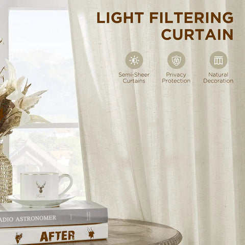 Natural Linen Light Filtering Curtains For Living Room To Add A Cozy Vibe, Flax Linen Blended Fabric, Semi Sheer Privacy Drapes, Grommet Top Panels, 84 Inch Long, Two Panels, Formaldehyde Free And Eco Friendly