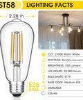 Vintage LED Edison Bulbs 6W Equivalent 60W Warm White 2700K ST58 Antique Filament Bulbs With 90 Plus CRI E26 Medium Base Dimmable