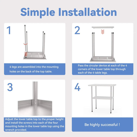 Installation steps for Stainless Steel Work Table With Back Panel And Undershelf 36 Inches Built Tough For Kitchen Restaurant Garage Or Workshop Scratch And Rust Resistant Easy To Clean NSF Certified.