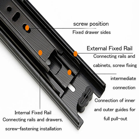 One Pair Three Stage Drawer Slides Cold Rolled Steel construction showing internal and external fixed rails for drawer installation