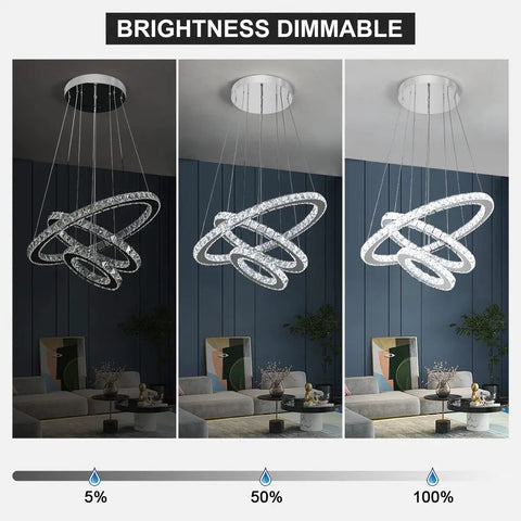 Brightness dimmable Modern LED Crystal Chandelier With Ring Lamp Body Dimmable 6500K Cool White Hanging Crystal Wind Bell Look 19.7 Inch Ideal For Dining Room Living Room Kitchen Bedroom High Quality K9 Crystals And Stainless Steel showcasing three light levels