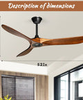 52 Inch Wood Ceiling Fan With Remote Control Three Reversible Solid Mahogany Blades Six Speed Quiet DC Motor