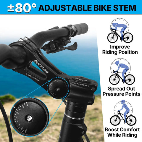 Adjustable Mountain And Road Bike Stem With 25.4mm And 31.8mm Clamps, showing angle adjustment, on bike handlebar.