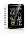 Indoor 10 In 1 Air Quality Monitor For Home Detecting CO2 And Formaldehyde Plus TVOC PM25 And PM10 showing real-time air quality stats.