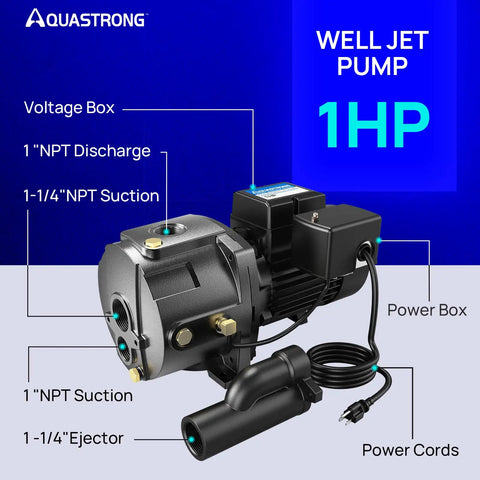 1HP Shallow And Deep Well Jet Pump, A Real Workhorse, With 164 Ft Head And 1554 GPH Flow, Cast Iron, 115V And 230V Dual Voltage, Automatic Pressure Switch, Convertible For 0 To 25 Ft Or 26 To 90 Ft Wells, Includes Venturi And Ejector Kits, voltage box, and power cords.